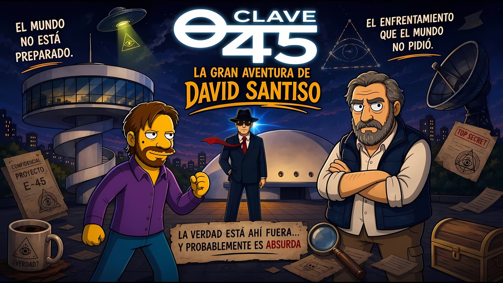 Portada del videojuego «La gran aventura de David Santiso», con David en versión dibujo animado, un ovni, el ojo de la pirámide y un hombre de negro