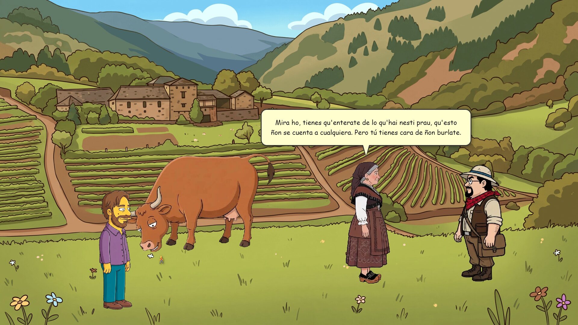 Campiña asturiana en el juego, con una vaca y una vecina en traje regional