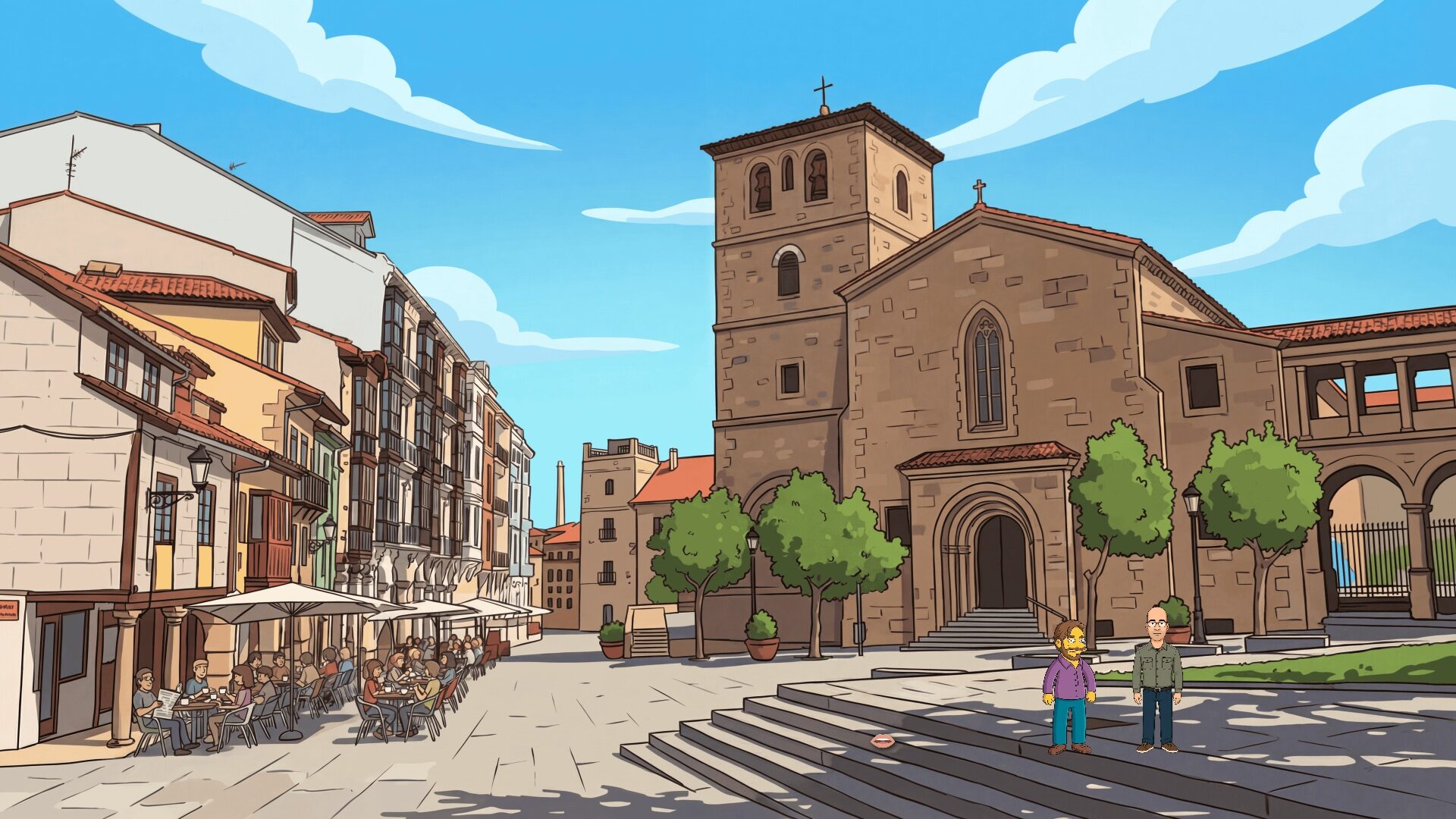 Una plaza de Avilés con su iglesia, recreada en estilo cartoon en el juego