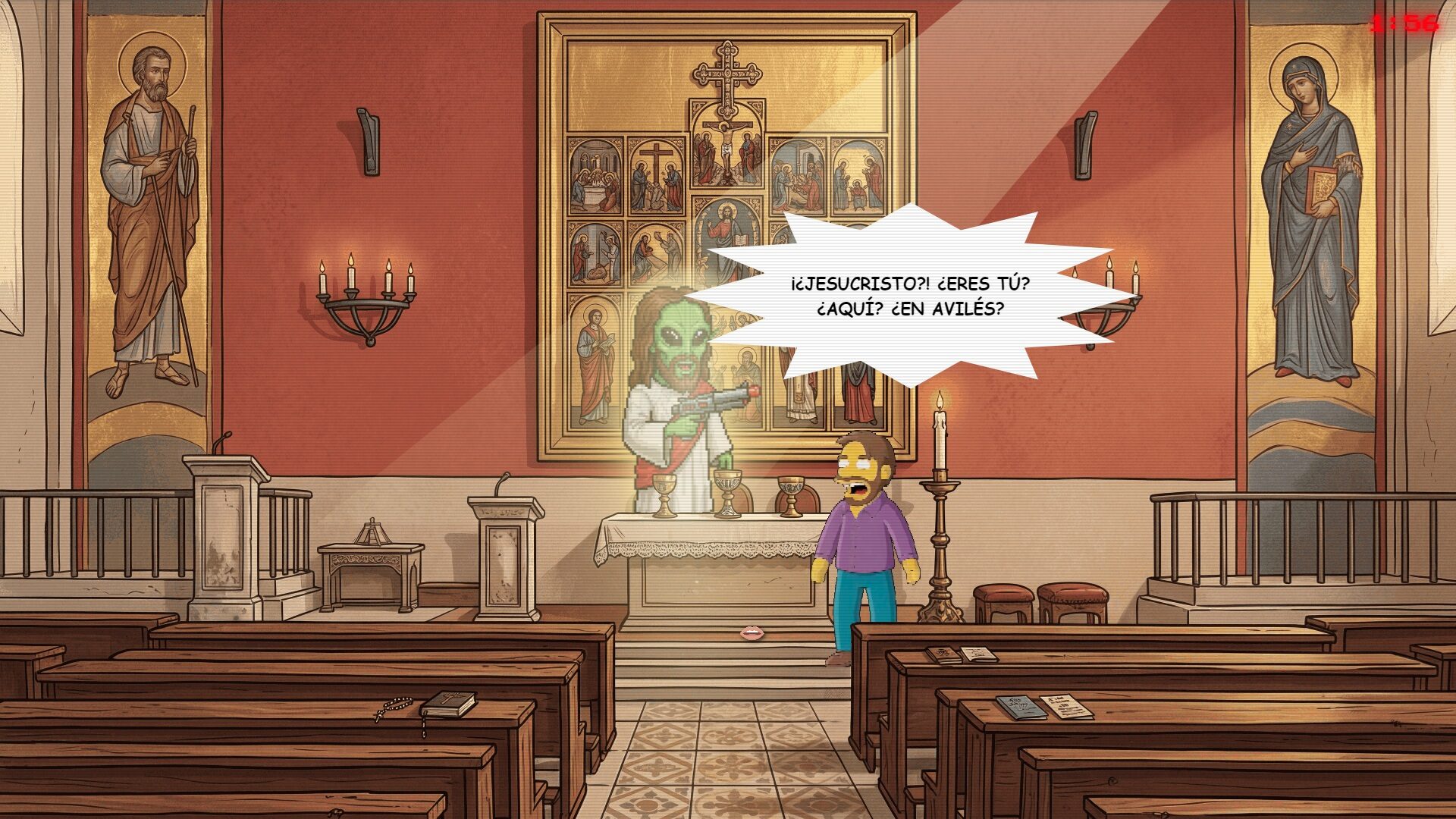 Escena del juego en el interior de una iglesia, con diálogo humorístico
