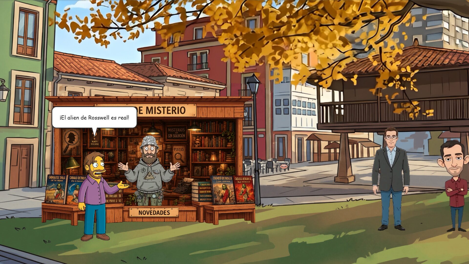 Puesto callejero de libros del misterio en el juego, con el cartel «El alien de Roswell es real»