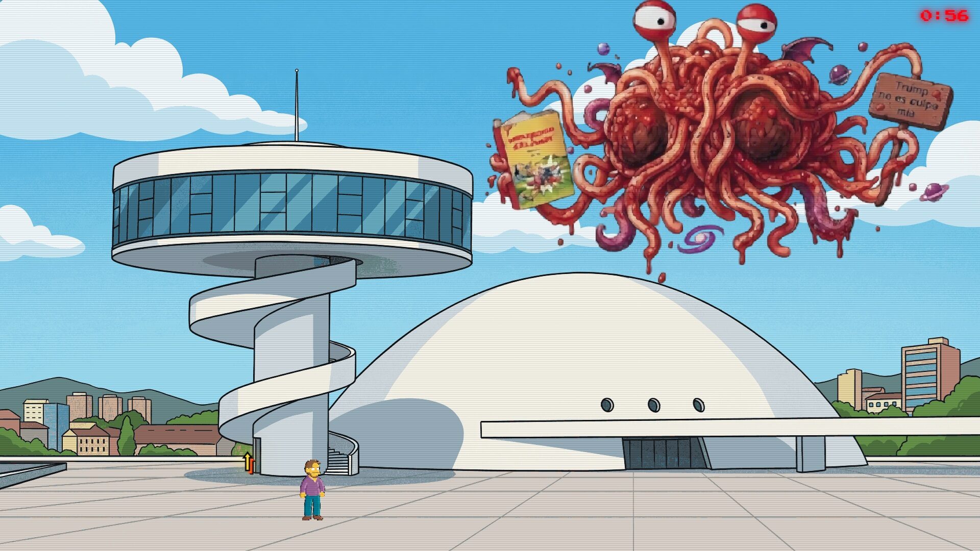 El Centro Niemeyer de Avilés recreado en el juego, con una criatura sobrevolándolo